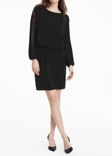 WHITE HOUSE BLACK MARKET OPEN CROCHET LATTICE LONG SLEEVE BLOUSY BLACK DRESS MP