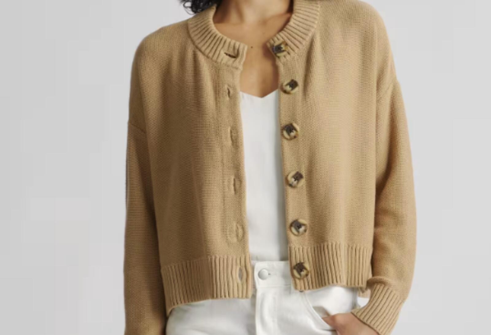 Quince 100% Organic Cotton Cropped Cardigan in Camel - XS