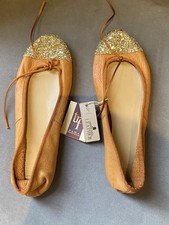 New Zara Brown Leather Flat Ballerinas/Shoes Sparkly Glitter Toes size EU39/UK6