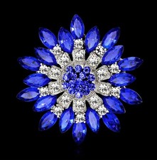 Women's Rhinestone Crystal Brooch Bright Cobalt Blue Silver Tone Round Starburst