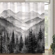 Forest Mountain Shower Curtain Black and White Nature Misty Pine Tree Shower ...
