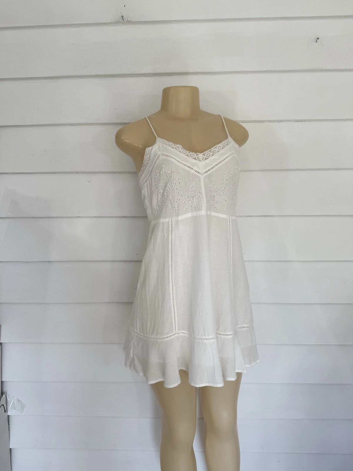 OFF WHITE Mini Abito ZARA Donna Bianco Misto Lino Ricamato Vita 30" PICCOLO 637 Nuovo