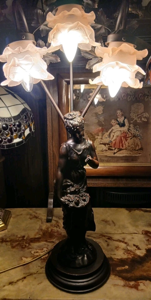Large Widdup And Bingham Table Lamp  Female   3 Ruffle Shades Art Nouveau Style - Image 2 of 4