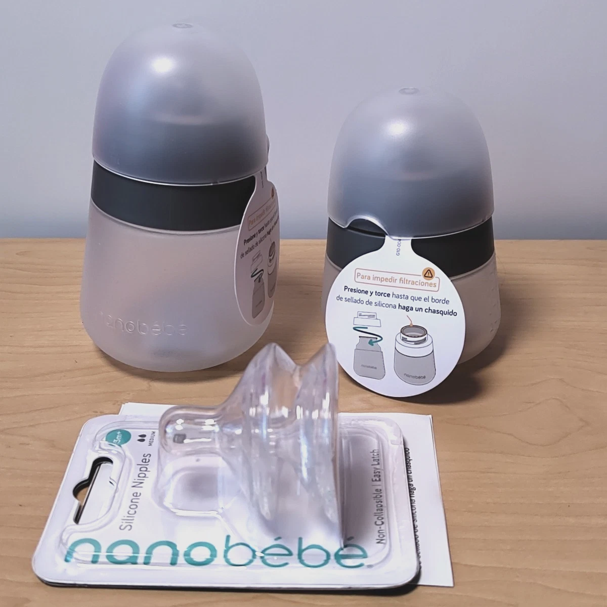 Set of 2 Nanobebe Silicone Baby Bottles 5oz 9oz Slow + Medium Nipples Anti-Colic