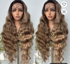 Long Wavy Ombre Brown Lace Front Wig with Dark Roots