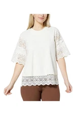 DG2 by Diane Gilman Lace Trim Short-Sleeve Easy Top Alabaster