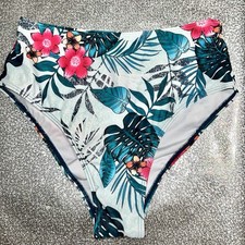 Zaful NWOT High Waist Bikini Bottom Tropical Print Aqua Pink Sz S/4