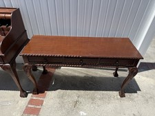 Brown Wood Console Table Rectangular Solid Medium Wood Tone, 2 Drawers Knobs