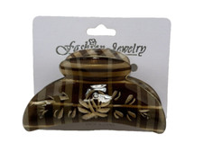 Brown Plaid Hair Claw Clip Floral Rhinestone Gold Tone Metal Spring Resin NWT