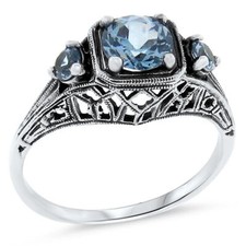 ART DECO STYLE 925 STERLING SILVER THREE-STONE RING SIMULATED AQUAMARINE 131