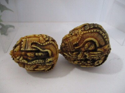2 Chinese Heavy Plastic Walnut Shaped Balls, Stairs, Temples, Dragon Symbols