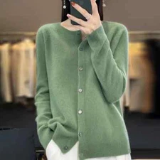 New 100% Pure Cashmere Sweater Women's O-neck Cardigan Loose Long Sleeved Top