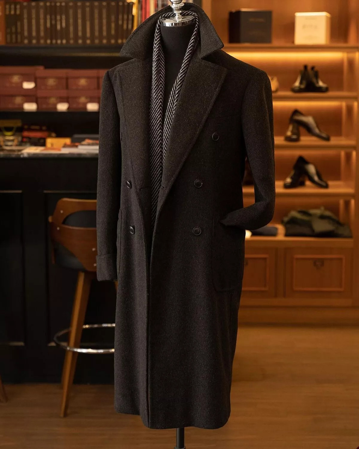 Wool Men Overcoat Peak Lapel Double Breasted Outdoor Casual Long Coat Dark Brown