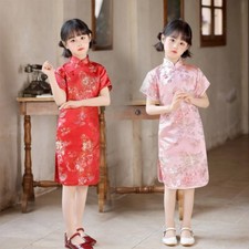 Chinese Traditional Girls Qipao Summer Silk Satin Cheongsam Baby Princess Dress