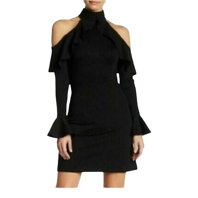 FEW MODA Black COLD SHOULDER Ruffled Long Sleeve, Above Knee DRESS SZ S