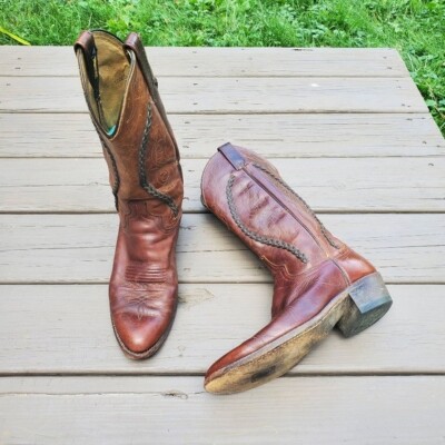 Vintage 70s Dan Post Brown Leather Braid Shaft Western Cowboy Motorcycle Boots 9