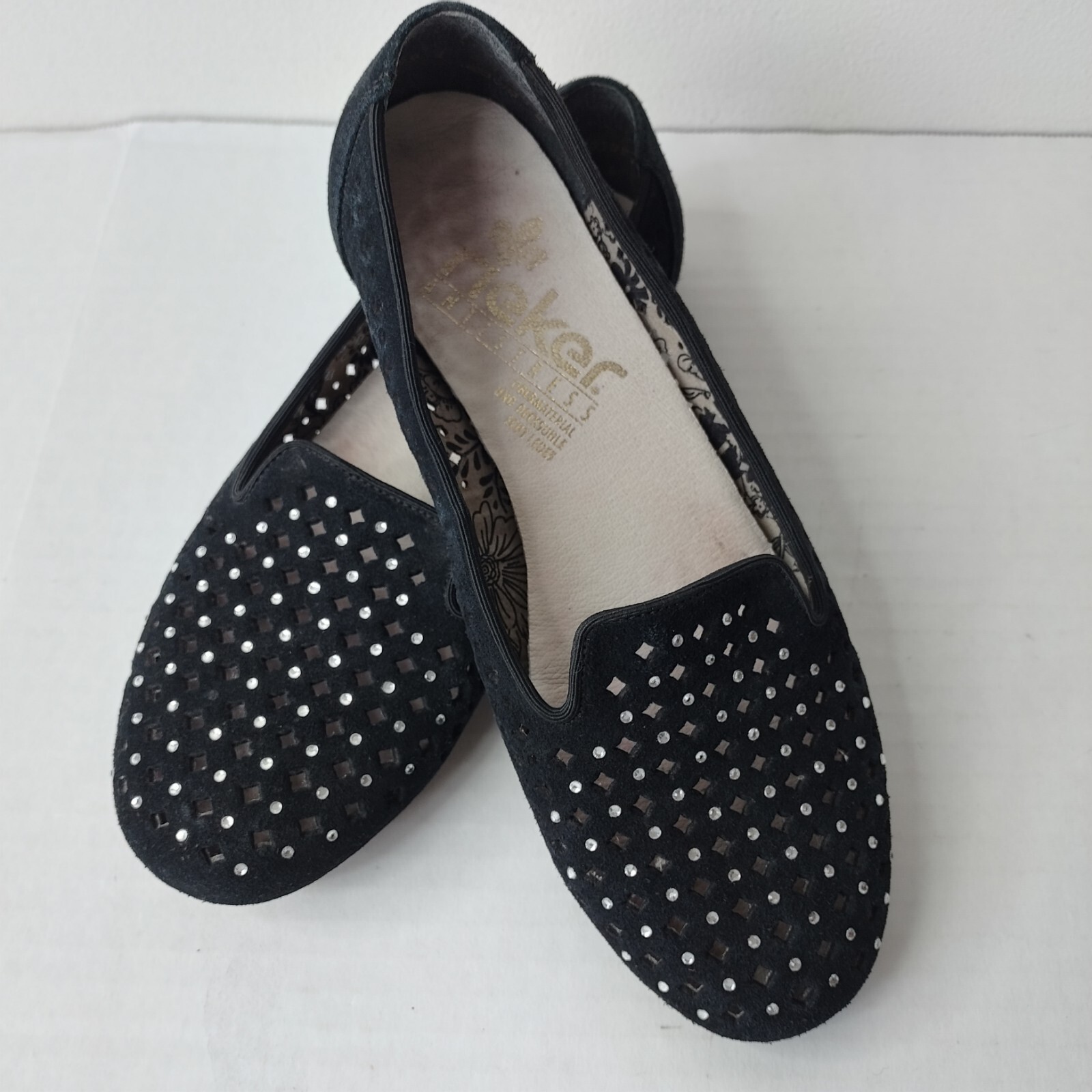 RIEKER Antistress Slip on Size 37 US 6.5 Perforated Flat Shoe Embellished Black