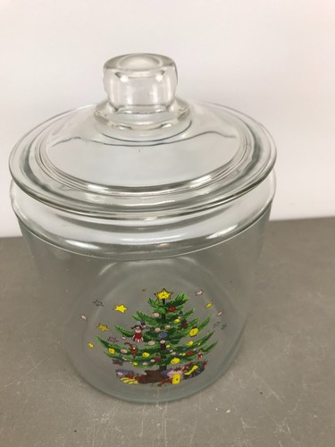 vtg Anchor Hocking Heritage Hill Clear Glass Storage Jar 8"x7" w Christmas Tree - 第 1/10 張圖片