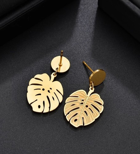 PENDIENTES DE HOJA COLGANTE DE ORO 316L Acero Inoxidable Planta Hueca Tropical Reino Unido - Imagen 4 de 9