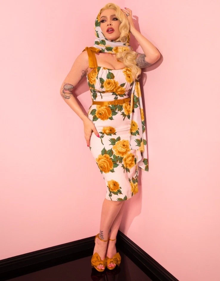 Vestido Vixen Micheline Pitt Amarillo Rosa Movible Viva Pinup Rockabilly XS Nuevo Ae11 Foto 2 de 4