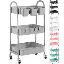 3 Tier Gray Metal Rolling Cart, Mesh Storage Cart with Handle and Lockable Wh...