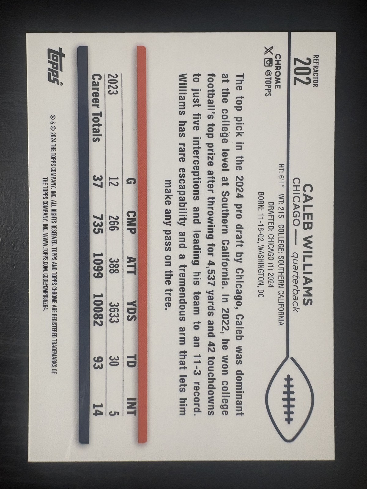 2024 Topps Chrome Caleb Williams Rookie #202 Refractor Bears (RC) view 2
