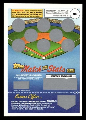Cal Ripken 1992 Topps Match the Stats Game 102 RBI Card Baltimore Orioles