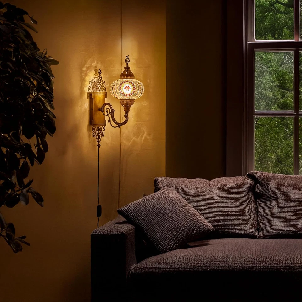 Aplique de pared enchufable de mosaico turco marroquí, vidrio estilo Tiffany hecho a mano G Foto 2 de 4