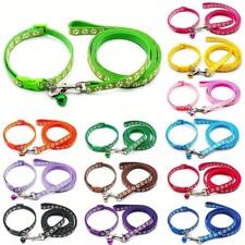 Paw Print Dog Collar and Leash Set Adjustable Nylon Pet Collar with Bell