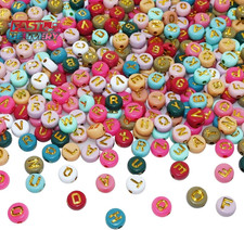 Amaney 1000Pcs 4X7Mm round Letter Beads Colorful Acrylic with Gold Letter Alphab