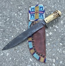 1870-1880s Antique Crow Indian Beaded Knife Case w/ Large Camp Knife
