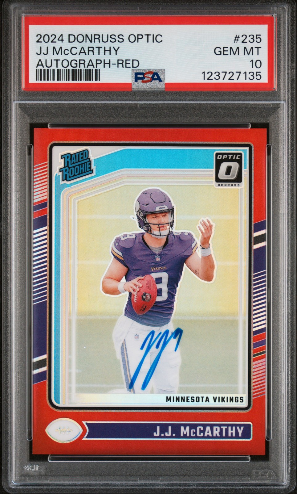 2024 PANINI DONRUSS OPTIC AUTO-RED #235 JJ MCCARTHY 68/75 PSA 10