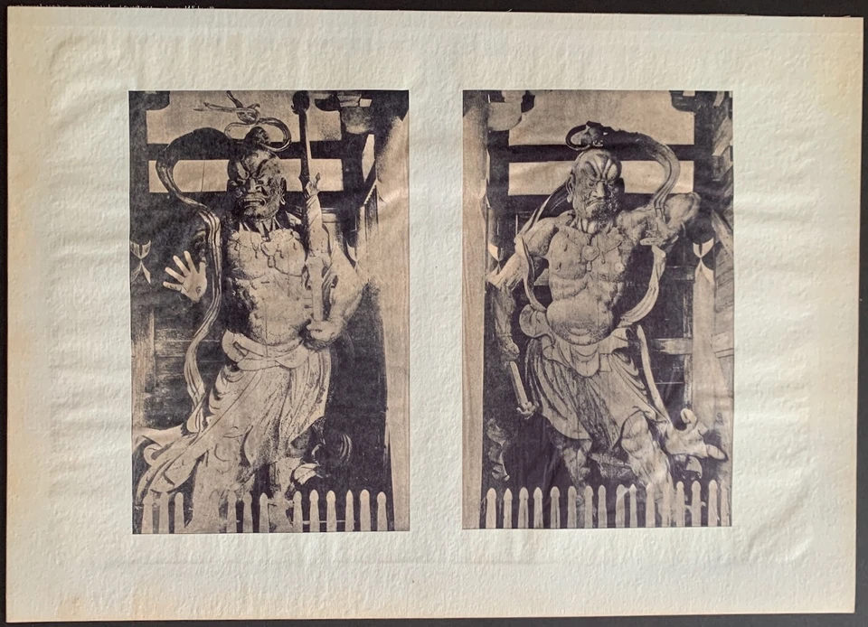 Seis impresiones de tejido mate de la década de 1920 de escultura y bronces de templo japonés antiguo Foto 3 de 4