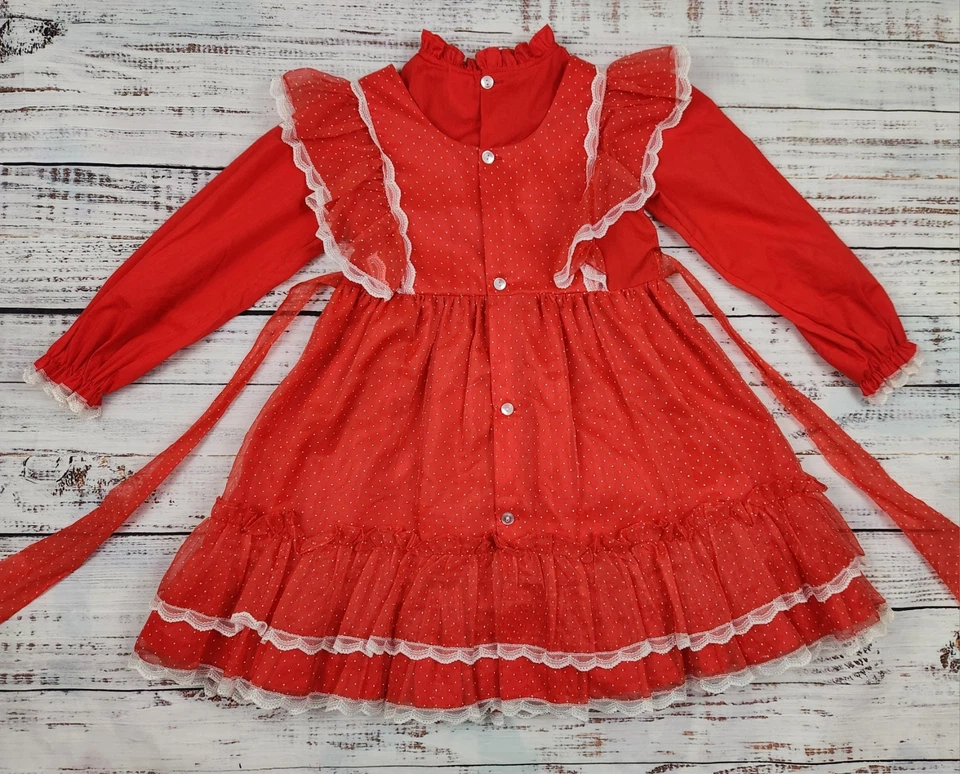 Vestido Delantal Rojo Bryan Años 80 Vintage 6X - Falda con Volantes Superposición de Encaje Foto 3 de 4