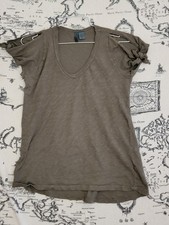 Left of Center Women's Olive Green V-Neck Knot Sleeve T-Shirt XS Made in USA
