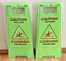 Lot of 2 Caution Wet Floor Signs Double-Sided Text & Graphics Bright Lime Green