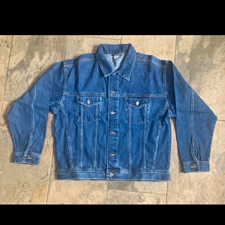 Men's Blue Denim Trucker Jacket 100% Cotton Button Front Pockets XL 44" image 1