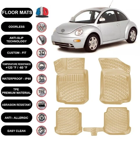 Floor Mats Liner Fits Volkswagen New Beetle (1998-2010) 4D Molded Beige 4pcs