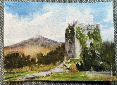 #ad ACEO ORIGINAL Landscape “Moy Castle Isle Mull” Artist Kev Vardy 2025 Watercolor $20.00