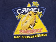 VINTAGE 88' JOE CAMEL BACK PRINT CIGARETTE PROMO NAVY T-SHIRT SZ LARGE
