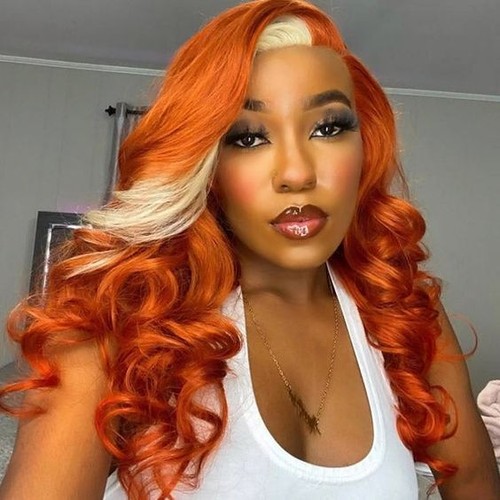 Ginger Orange Blonde Streaks Lace Front Wig Women's Red Head Heat Resistant Hair