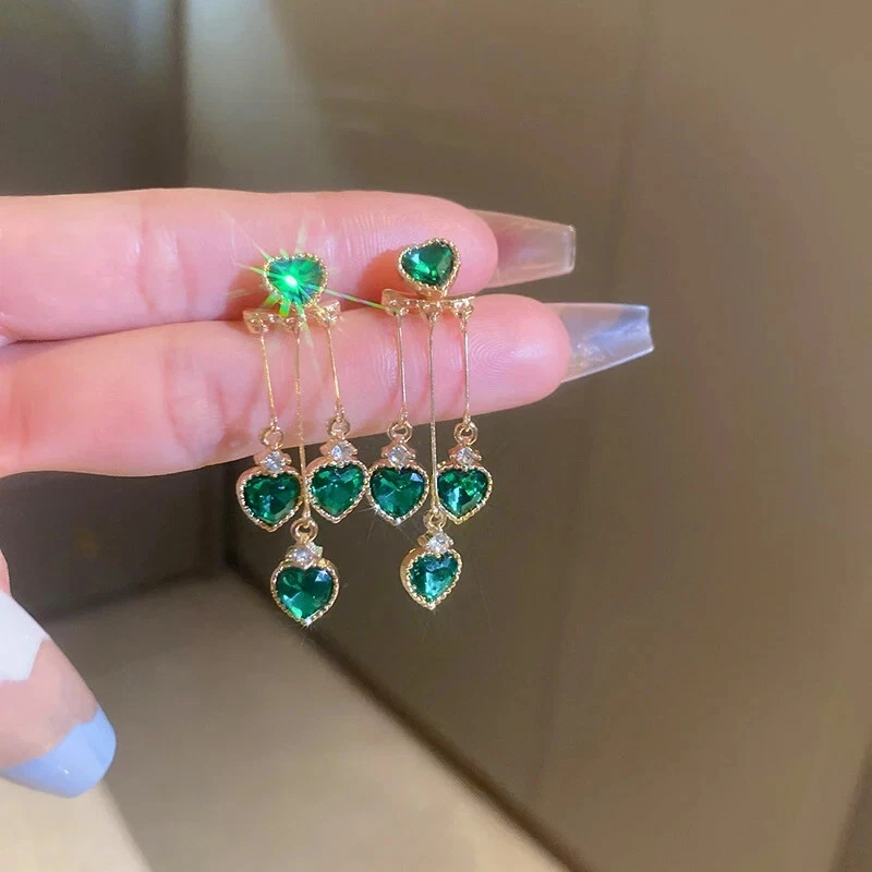 Inspired By Designer Emerald Green CZ Heart Gold Filled Drop Ear Jacket Earring - Image 3 of 4