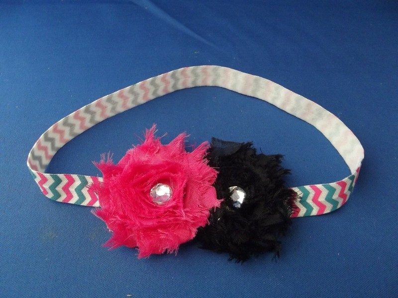 PINK and BLACK Flower Handmade Hair Bow Head Band - Baby Girl Infant 