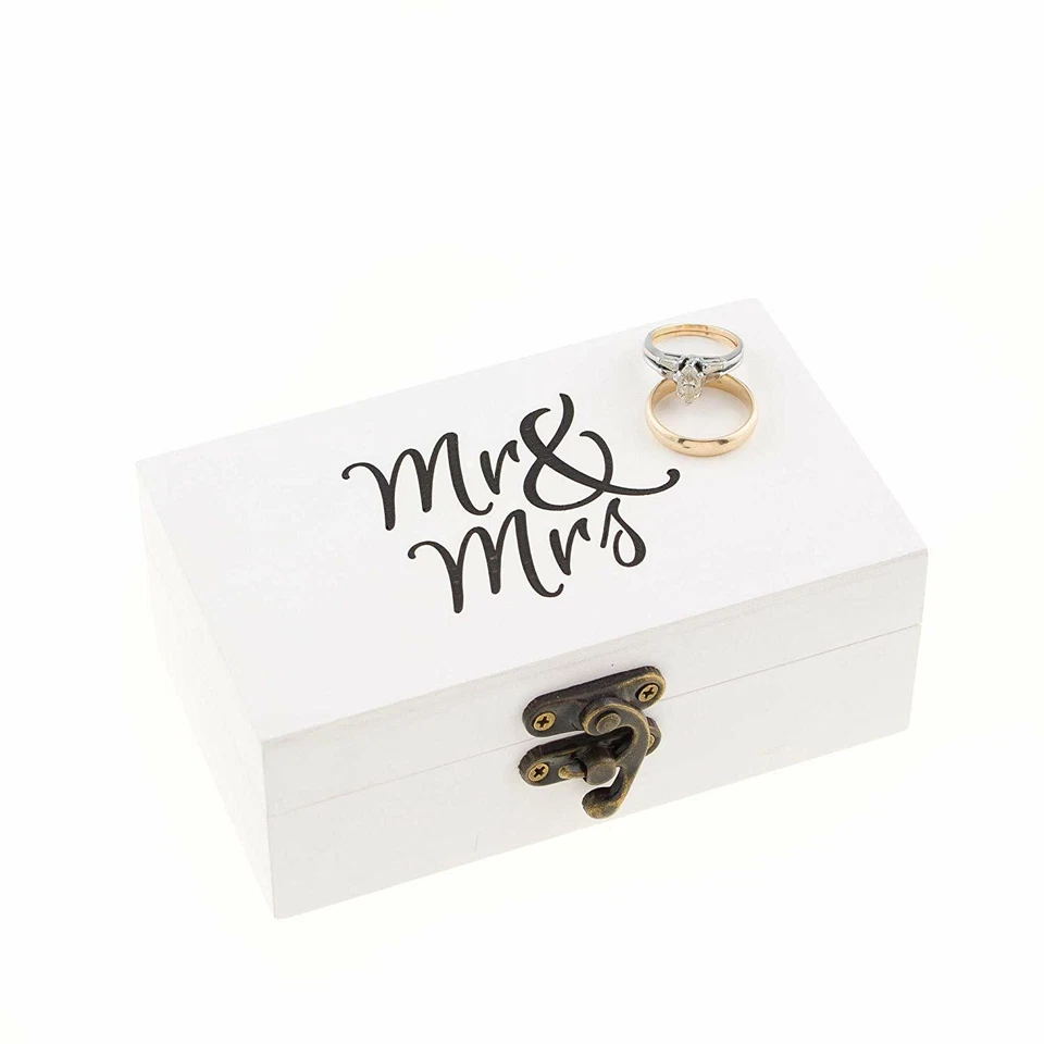 Caja de anillo blanca y negra para ceremonia de boda caja portadora de anillos vintage (Sr. y Sra.) Foto 3 de 4