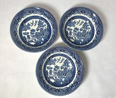 3 Blue Willow Churchill Bowls Soup Cereal Salad Fruit Vtg Staffordshire England 