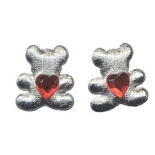 Puffy SILVER TEDDY BEAR RED HEART Stud Earrings Faux Jewel BFF Novelty Jewelry