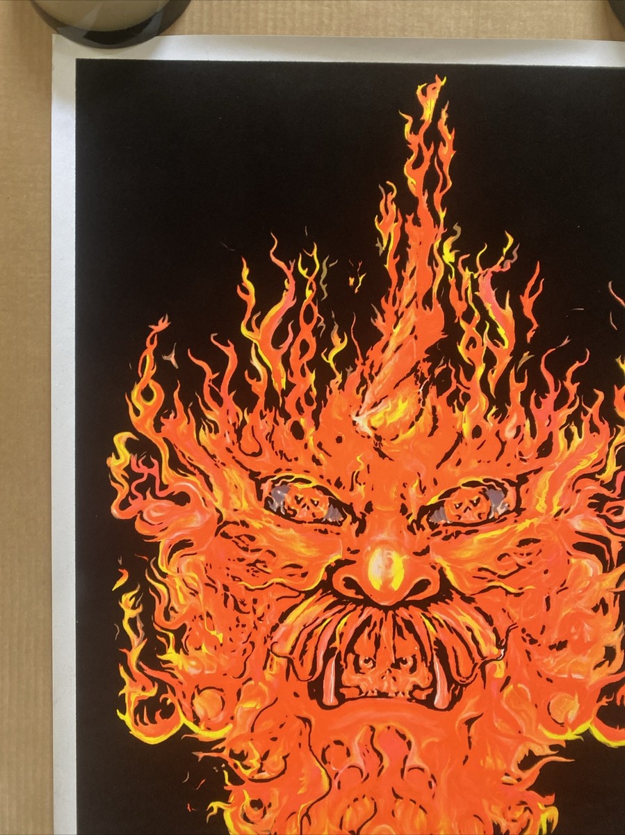 Flaming Face vintage blacklight poster velvet flocked Fire Flames