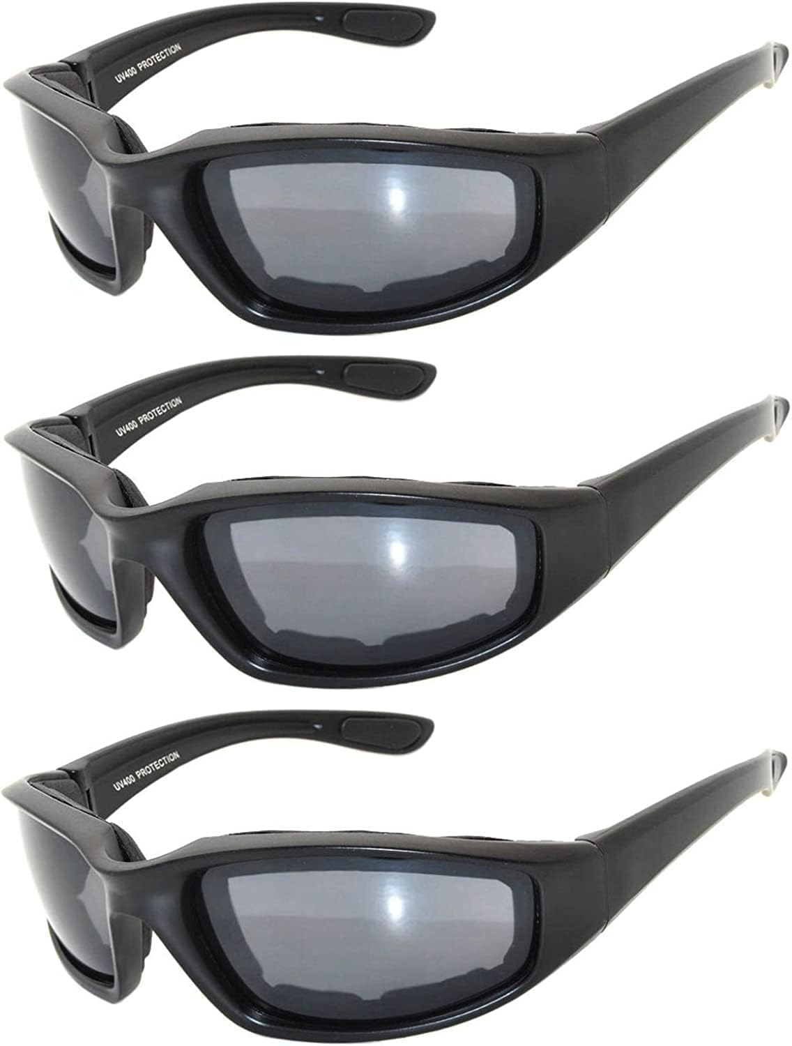 3 Pack Padded Motorcycle Sport Sunglasses in Assorted Colors for Men and Women
