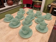 Hazel Atlas Little Hostess 12 Cups  Saucers Jadeite Green Moderntone Platonite