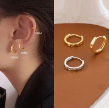 Women Sterling Silver Plated Diamond-cut Plain Round Huggie Hoop Earrings C10